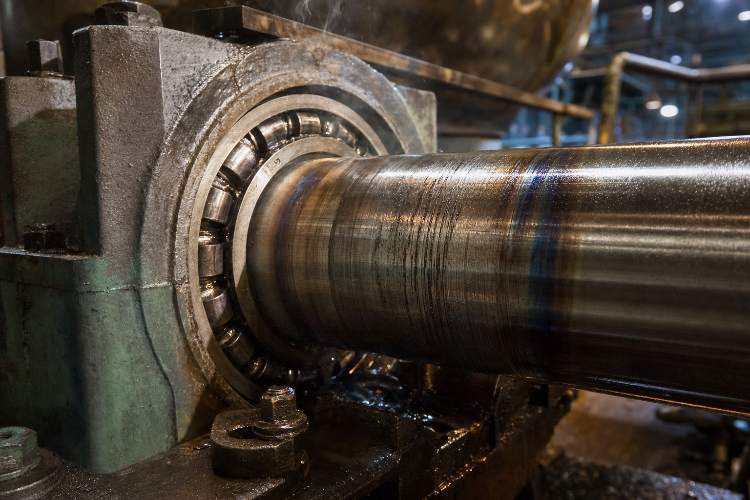 Worn, greasy mechanical roller bearing